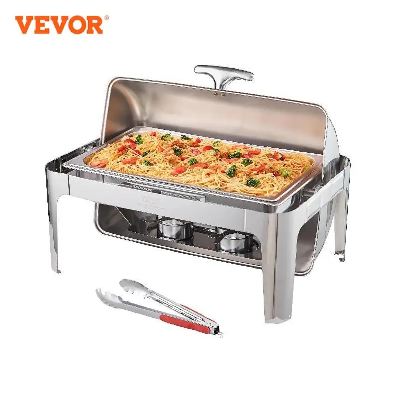 VEVOR Roll Top Chafing Dish Buffet Complete Set 8 Qt Stainless Steel Chafer with Full Size Pan Rectangle Catering Warmer Server