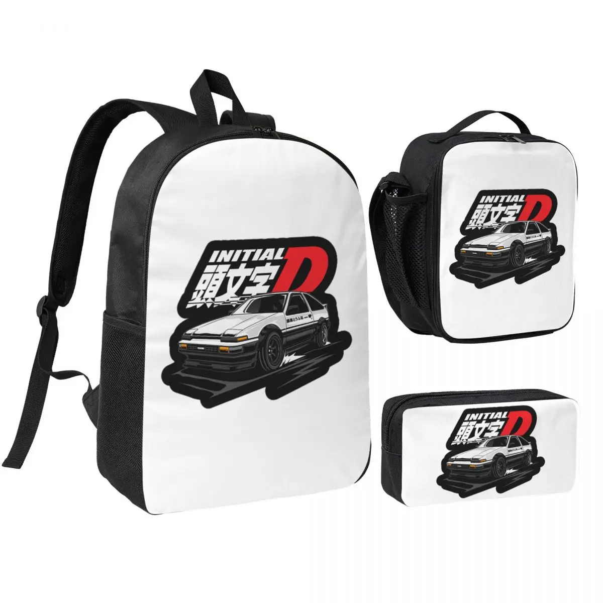 Anime Drift AE86 Initial D Backpack Student BookBag School Bag Shoulder Bags 3ps Insulated Lunch Bag Pencil Case