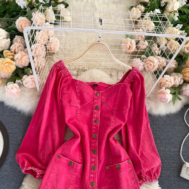 Hong Kong style fashionable rose red jumpsuit women summer new square neck retro single breasted casual denim shorts