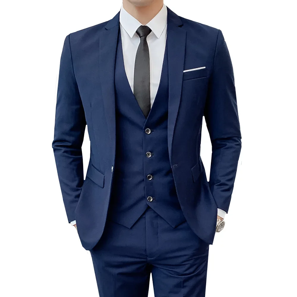 Business Men\'s Groomsmen Blazers Trousers Groom Wedding Dress Banquet Solid Color Slim Fit Suit Jacket Coat Vest Pants Set 3 Pcs