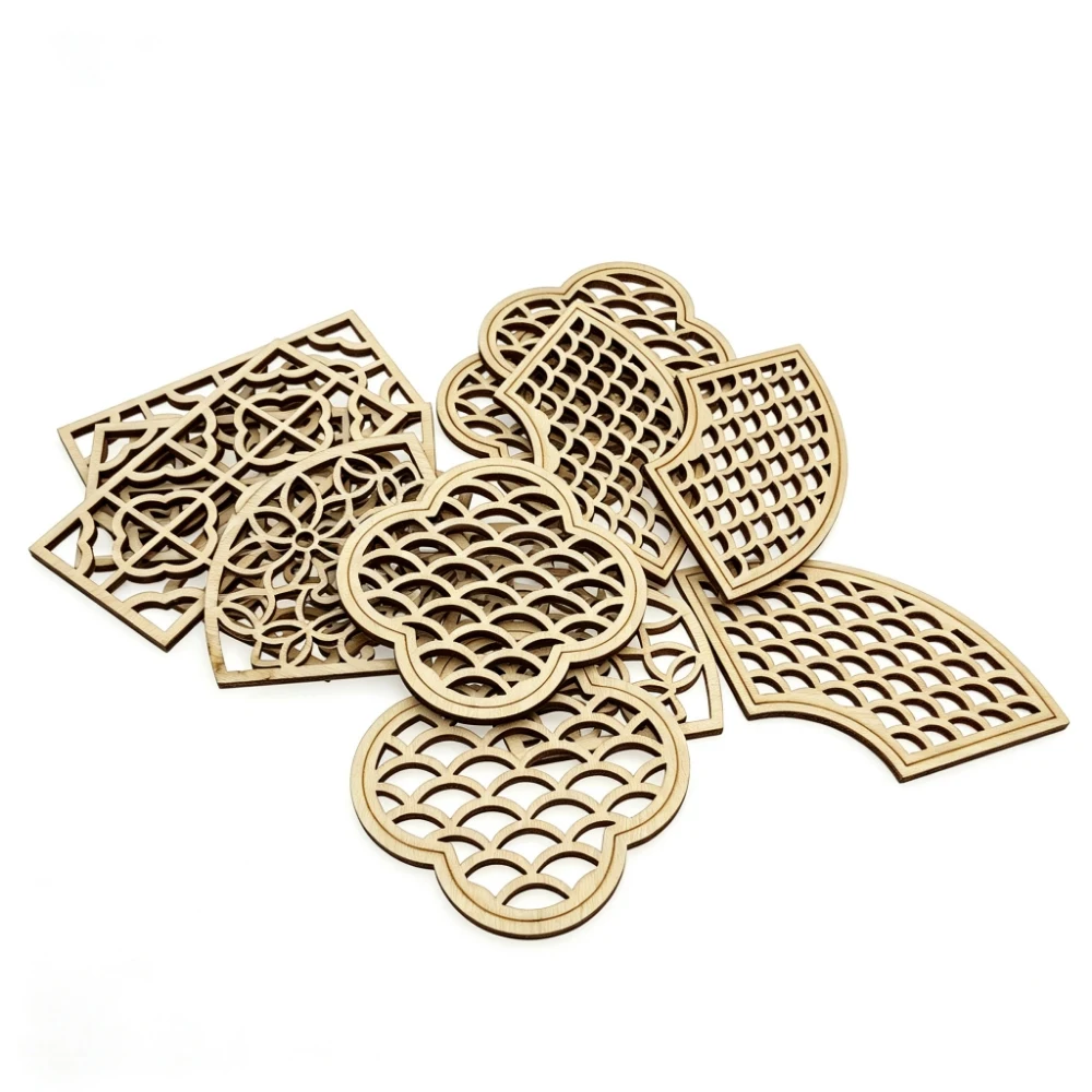 80PCS 40-65mm Chinese Window Wooden Embellishments Wood DIY Crafts Hollow Cutouts Home Decor Card Making and DIY Projects