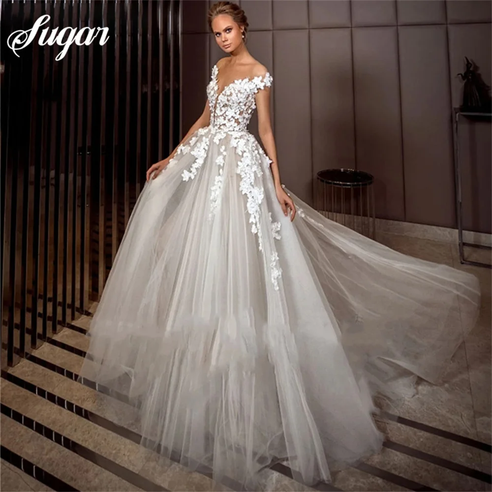 

3D Lace Appliques Wedding Dress For Women Elegant Cap Sleeves Bridal Gowns Tulle Sweep Train Custom Made Vestido De Novia 2024