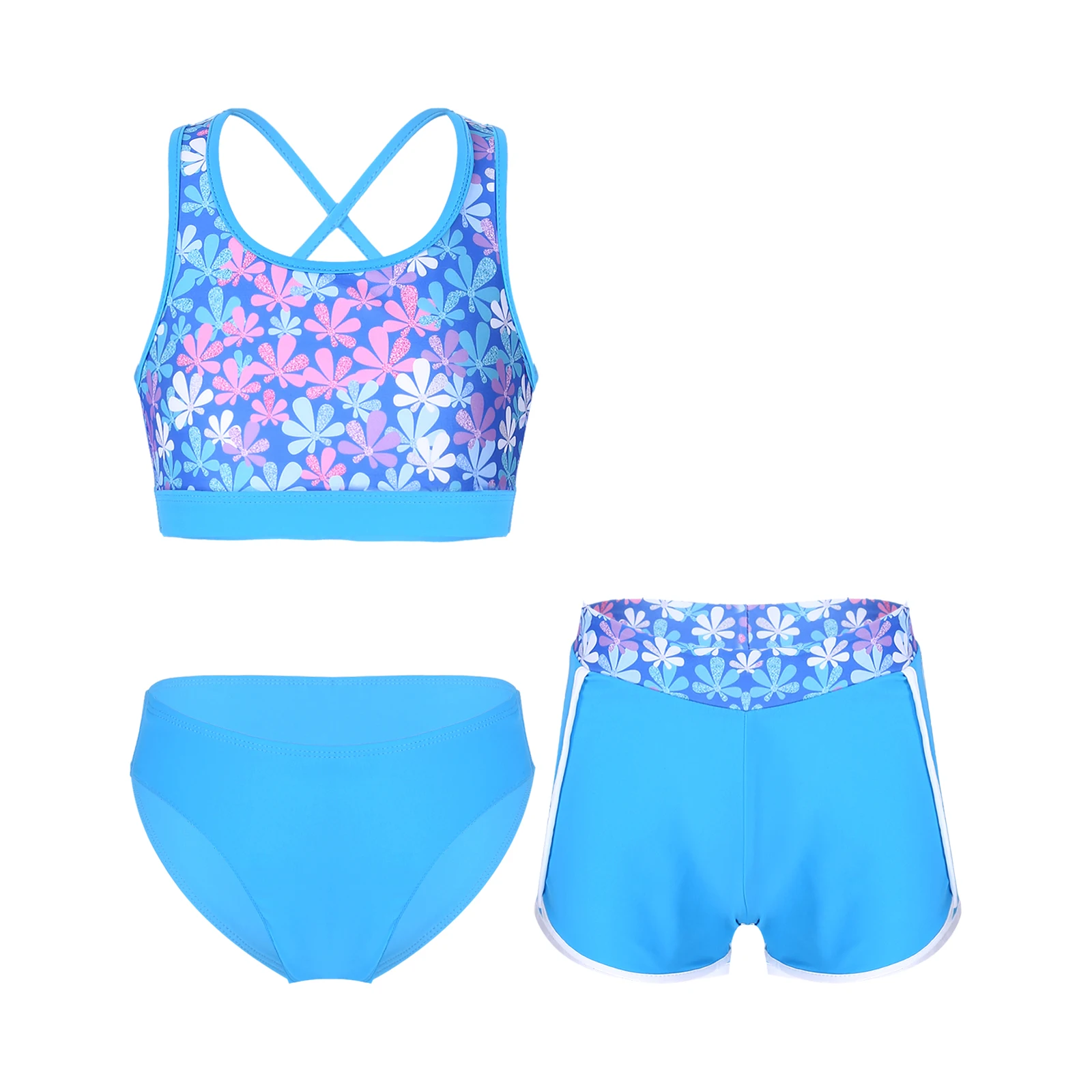 Meninas Open Back Print Tank Top Colheita com Shorts e Cuecas Set, Swimwear, maiô, Rashguard, Beachwear, 3pcs