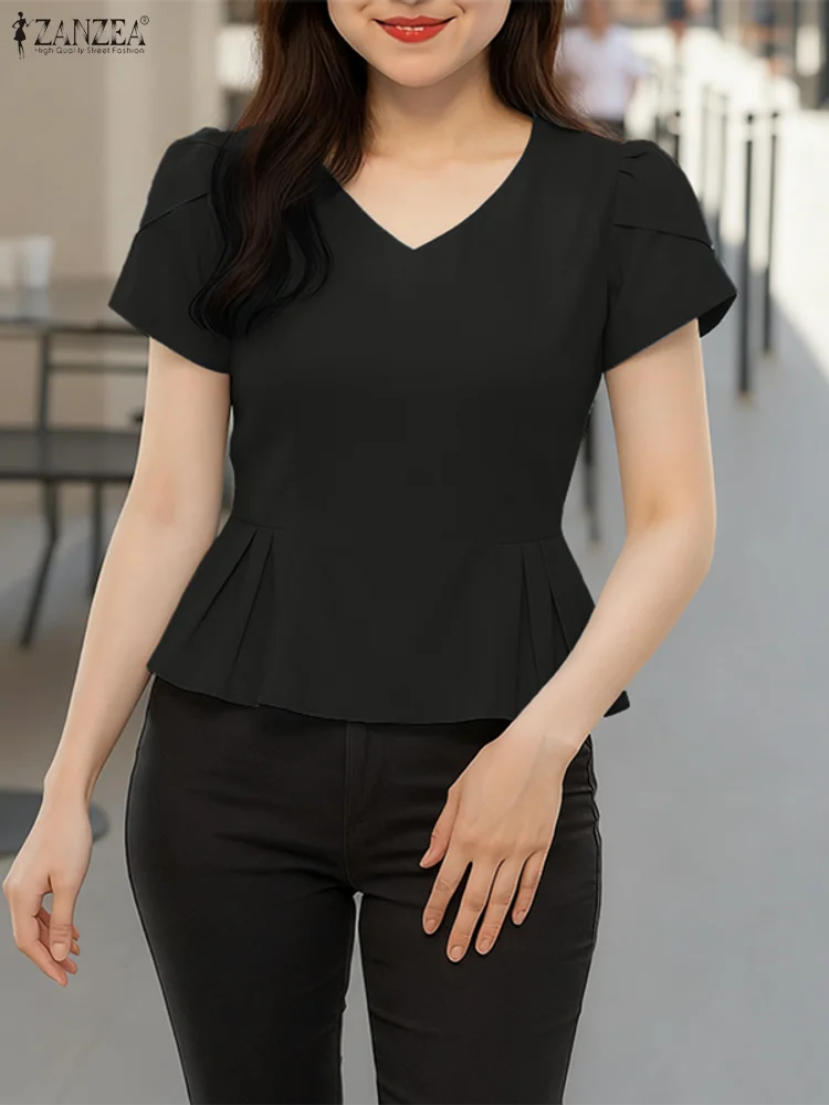 

ZANZEA Fashion Summer Women Blouse 2025 Casual V-Neck Short Sleeve Tops Loose Shirts Pleated Puff Sleve Office Work Chic Blusas