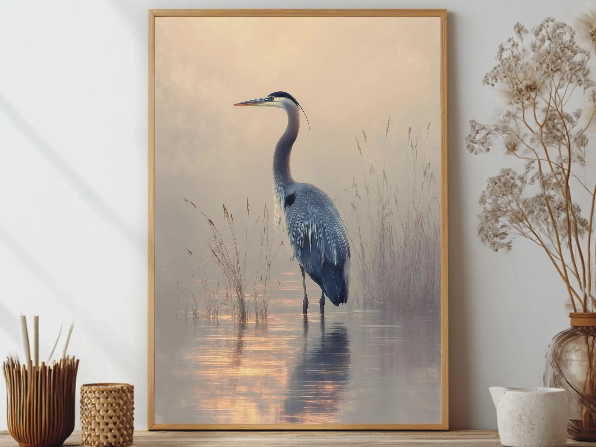 Blue Heron in Wetlands Posters Wildflower Lake House Bird Classic Prints Canvas Painting Wall Art Picture Home Living Room Decor