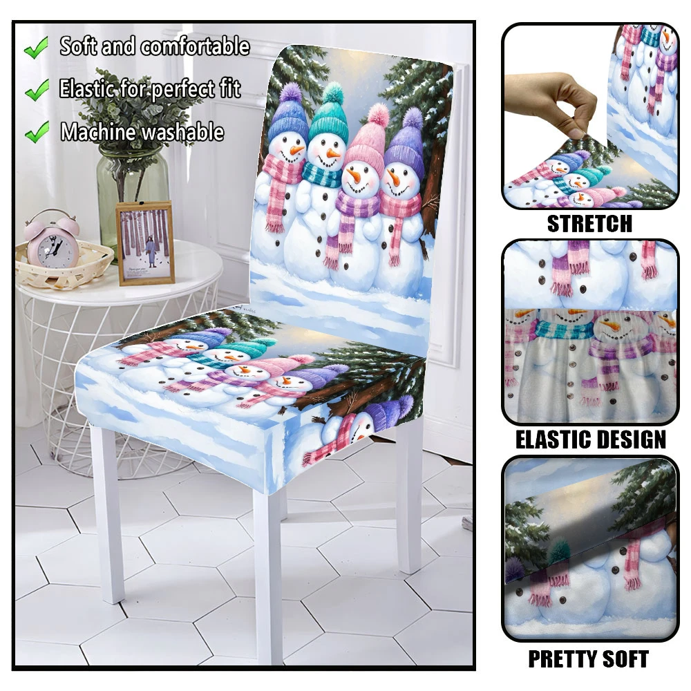 Winter Four Snowman Knit Pom Pom Hat Scarf Pine Tree Dining Chair Slipcover Stretch Xmas Holiday Chair Cover