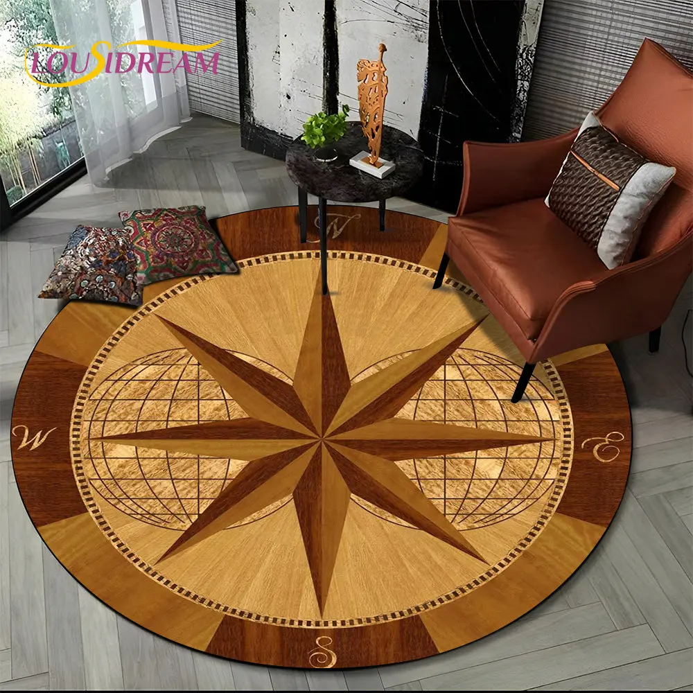 3D Retro Compass Series Circle Area Rug,Round Carpet Rug for Living Room Bedroom Sofa Foot Pad Decor Non-slip Floor Mat Gift