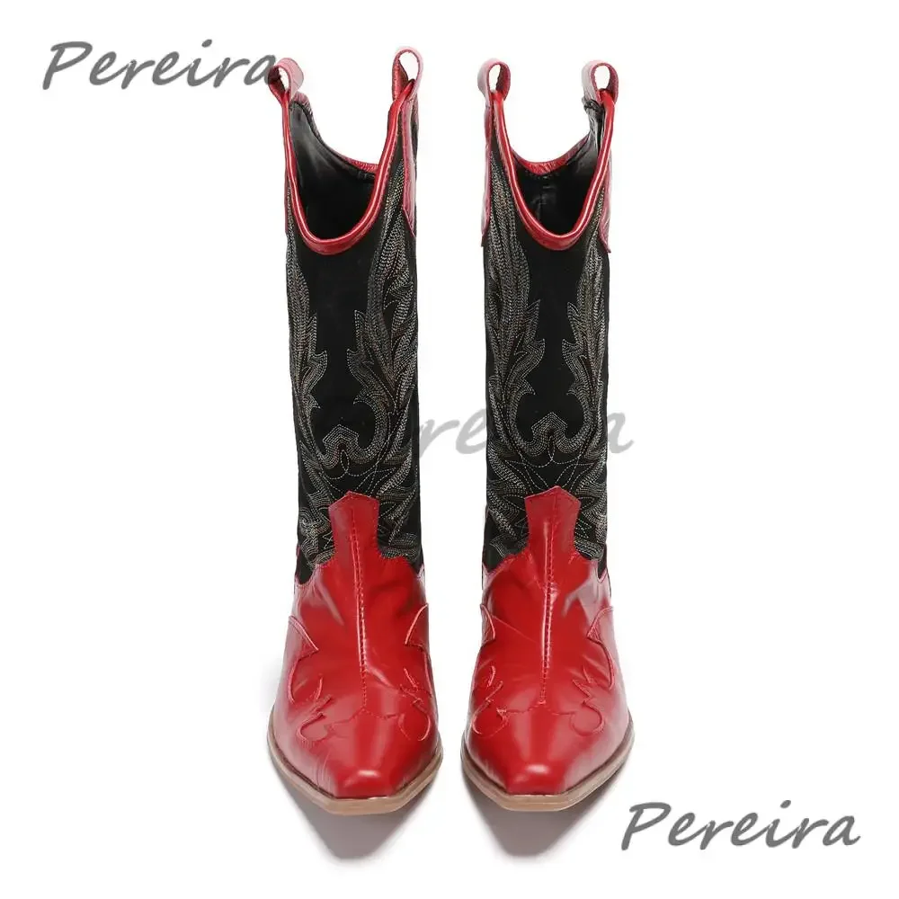 

Autumn Winter Men's Western Cowboy Boots Red Black Mixed Colors Pointed Toe Slip On Long Boots Embroidered Cow Leather Boots