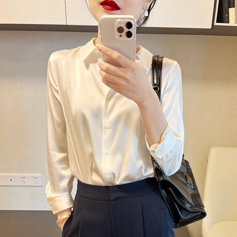 Autumn Fashion Button Up Satin Silk Shirt Vintage Blouse Women White Lady Long Sleeves plus size Street camisas feminina