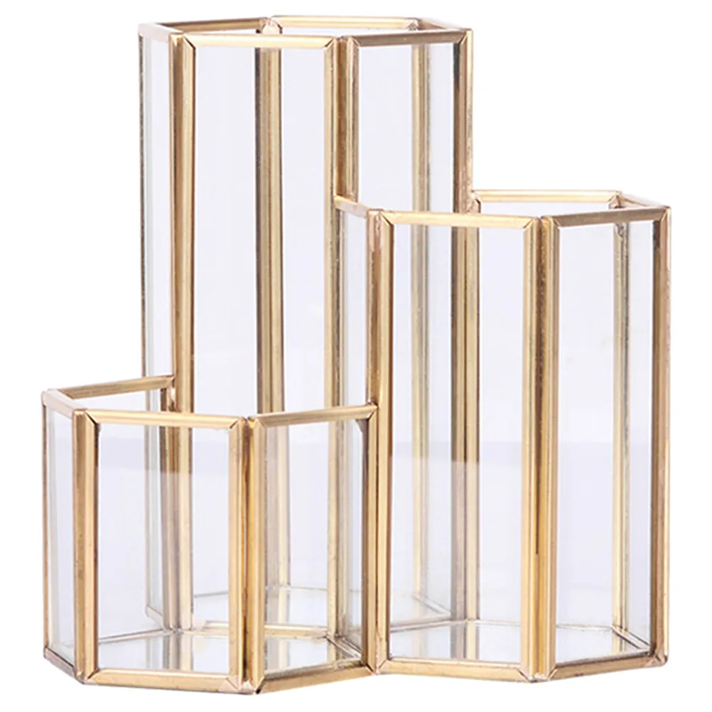 

Органайзер для кистей для макияжа, стеклянный прозрачный держатель для ручек, для туалетного столика, в скандинавском стиле, с металлическим каркасом, 3 секции для хранения