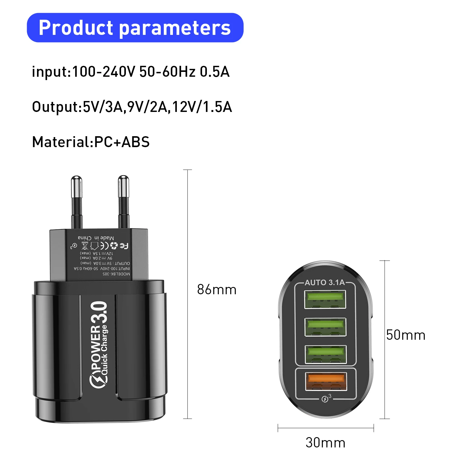 USLION 휴대용 벽 모바일 고속 충전기, 아이폰, 샤오미, EU, KR, AU 플러그용, 4 포트 USB 고속 충전 3.0, 48W 전화 어댑터