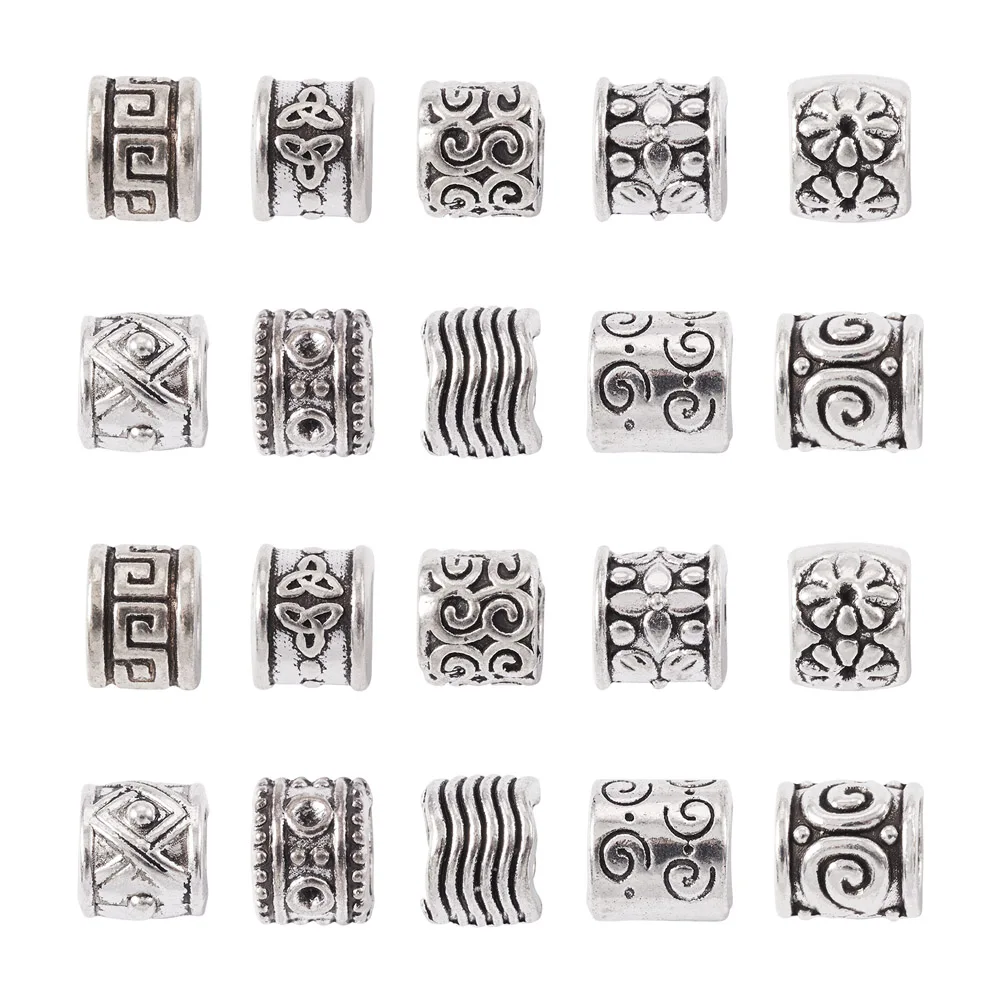 Kissitty 100Pcs Antique Silver Color Column Tibetan Style European Beads for Bracelet Earring Necklace Jewelry Making Gift