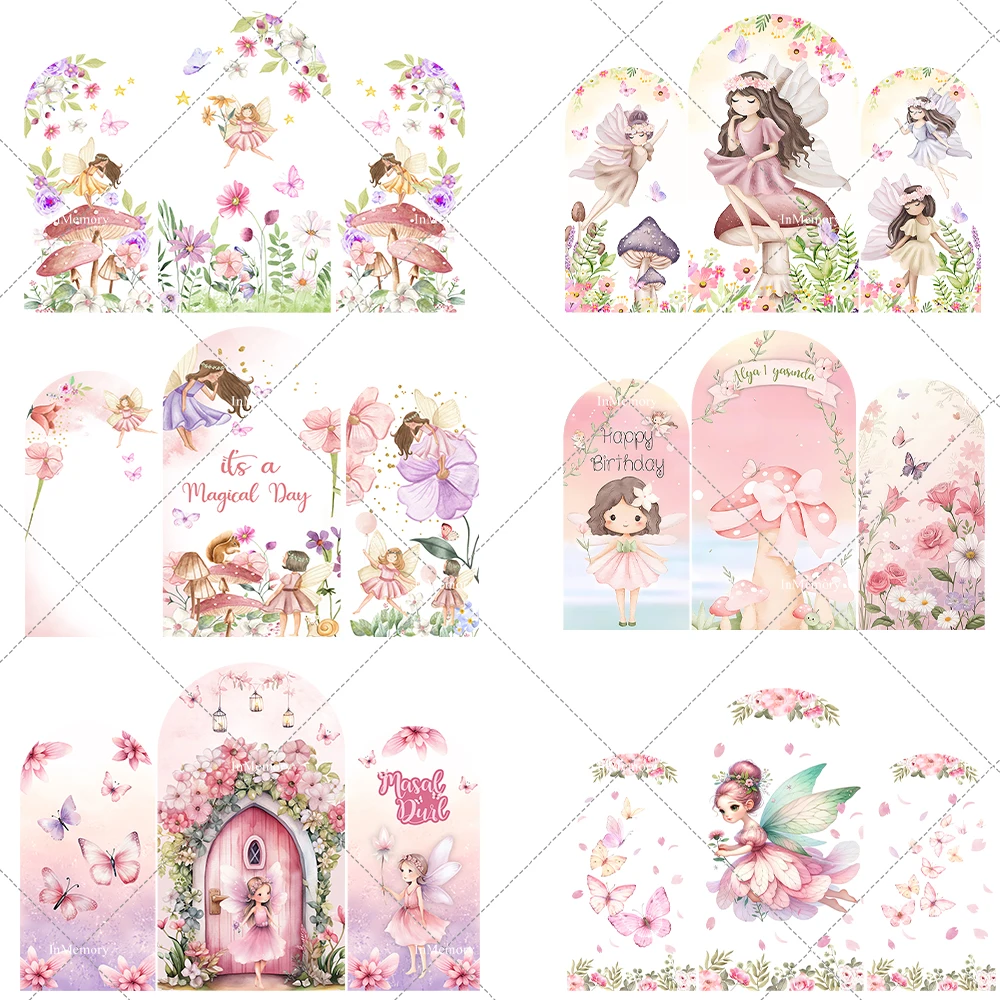 Butterfly Fairy Garden Girls Birthday Arch Wall Panels Backdrops Pink Floral Mushroom Door Baby Shower Arched Cover Party Banner