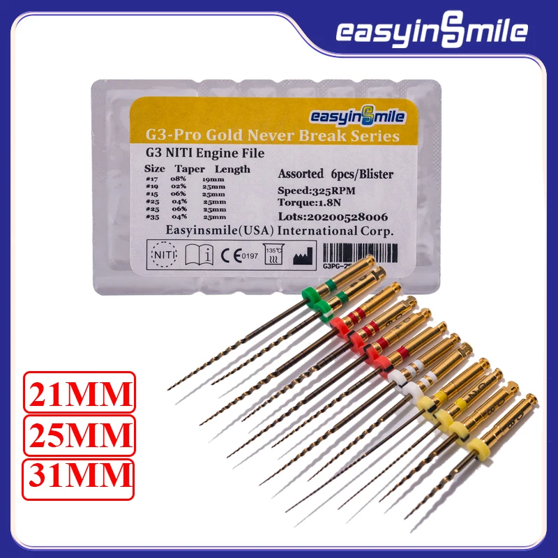 

Эндодонтические файлы Easyinsmile, 6 шт., NiTi Rotary X3 G3-Pro, набор 21/25/31 мм для конического лечения корневых каналов, наконечник для стоматологического двигателя