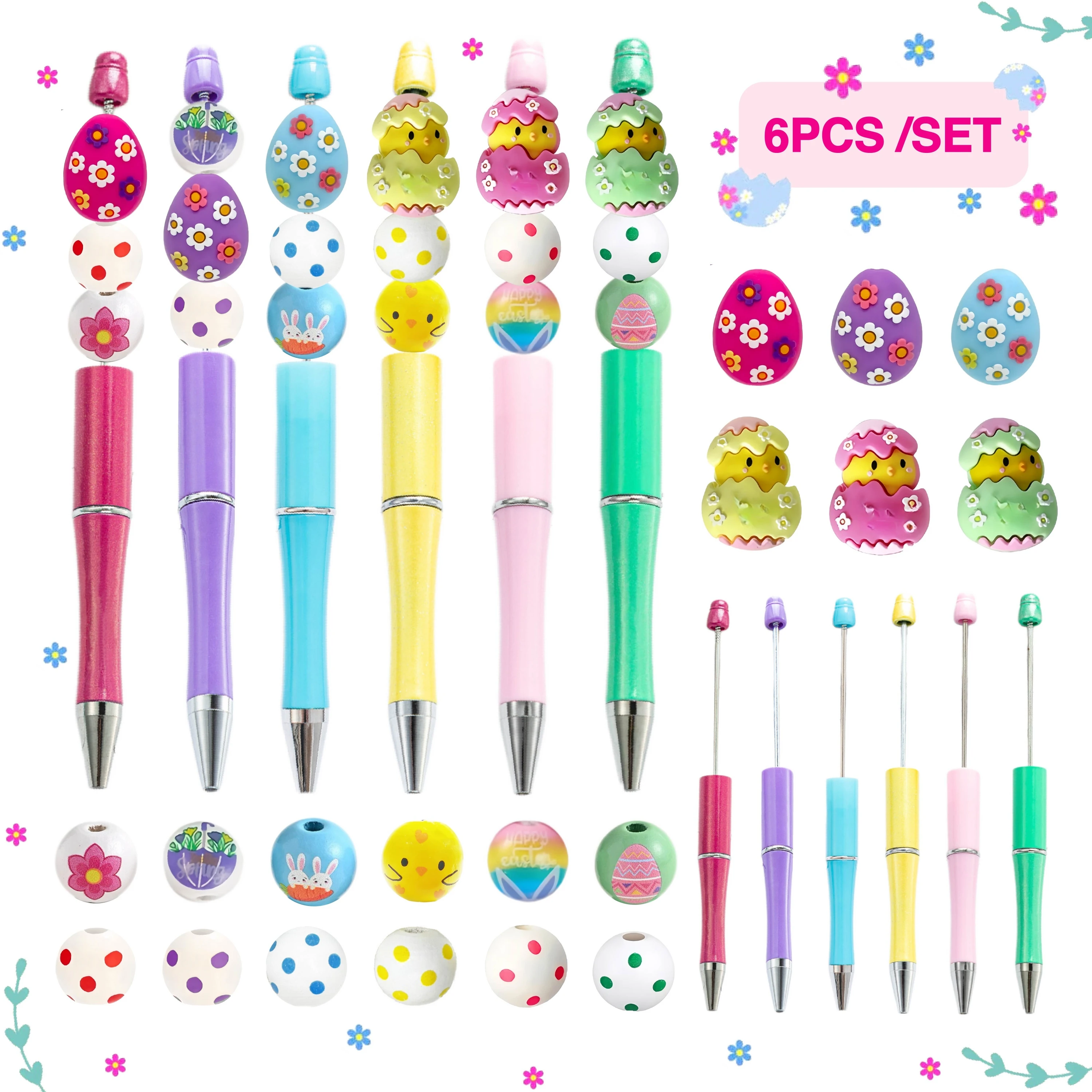 

6PCS Easter Egg And Cracked Chicken DIY Bead Ballpoint Pen Sets And Silicone Bead Set,Office& Study Supplies