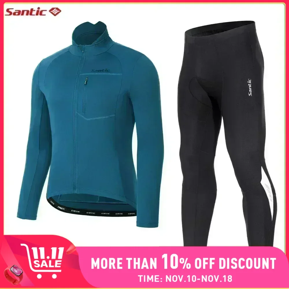 Santic Cycling Set Men's Winter Fleece MTB Bicycle Suit Windproof Thermal Jackets Trousers Comfortable High Stretch Clothing