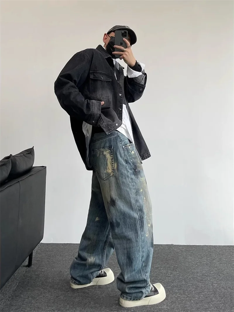 

Мужские прямые свободные джинсы с завышенной талией, широкие брюки в американском стиле High Street, модные брендовые длинные брюки Haome, повседневные прямые брюки