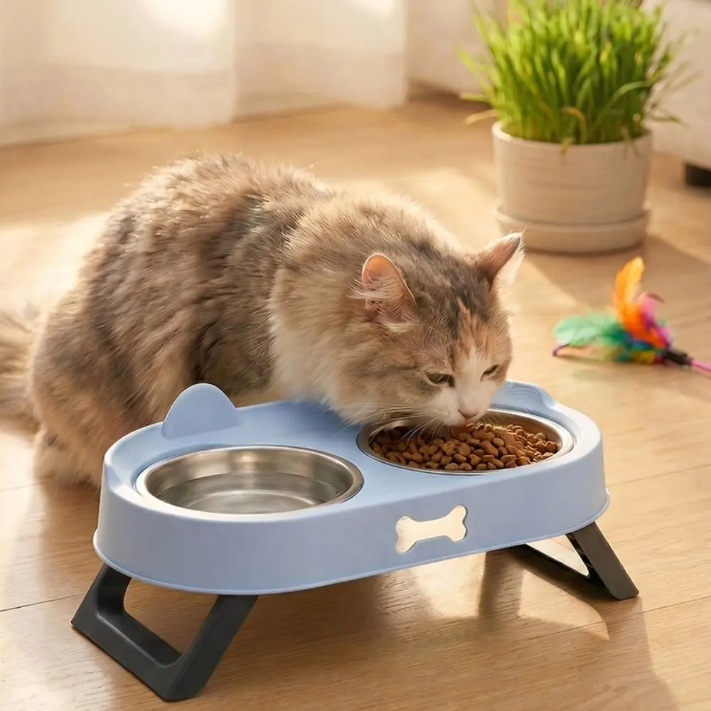Stainless Steel Elevated Cat Bowl Double Bowl Cat Shaped Cat Feeding Dish Neck Protection Anti-Vomiting Dog Food Container
