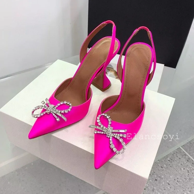 Pointed Toe High Heels Women Pumps Crystal Bow Satin Sandals Summer Cup Heels Back Strap Sandalias Sexy Party Banquet Shoes view 4