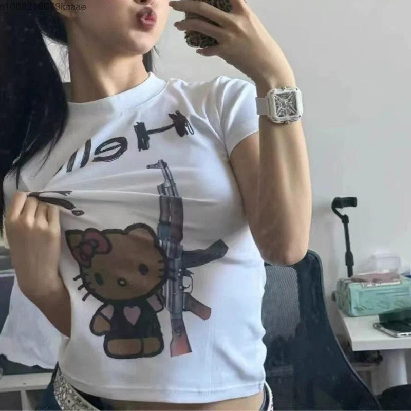 女性のためのsanrioハローキティ半袖スリムTシャツ、女性のタグガール、アメリカスタイル、ショートTシャツ、女性のファッショントップス、夏の服、y2k