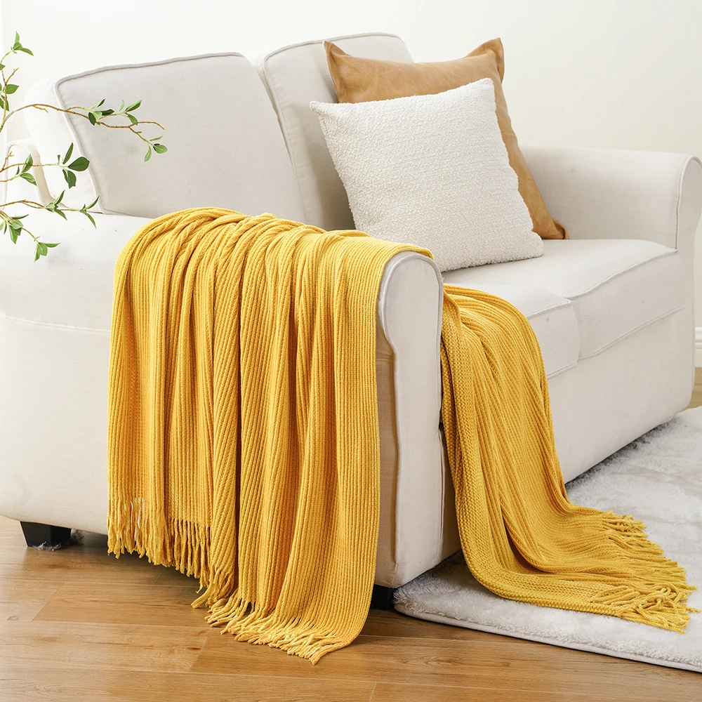 Battilo Chenille Knit Blankets with Tassels Caramel Plaid Throw Blanket for Bed Couch Decorative Sofa Blanket Bedroom Fall Decor
