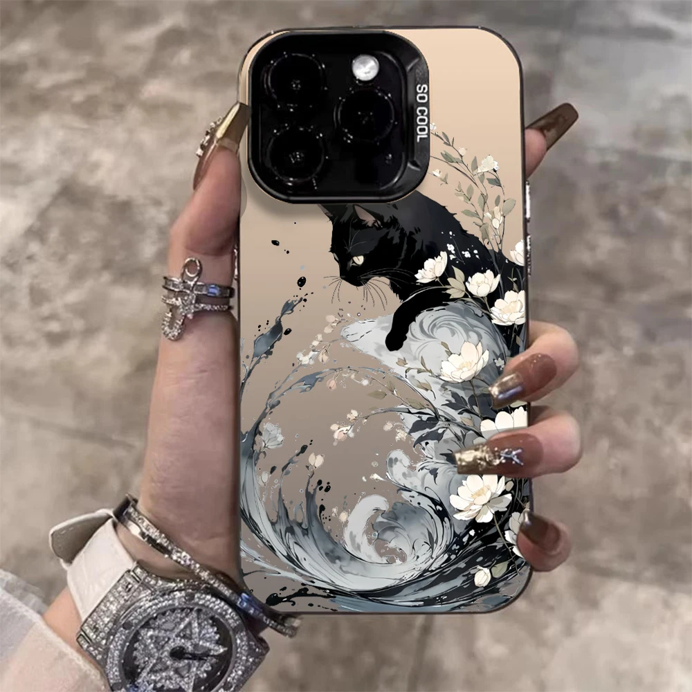 

Retro Japanese Wave Black Cat Ukiyoe Case For Xiaomi 17 Pro Max 15 T Pro 14 13 12 TPro Mi 11 Lite IMD Colored Silver Frame Cover