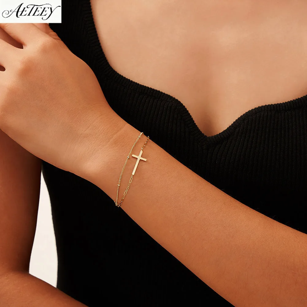S925 Silver Double Layer Cross Bracelet Minimalist Versatile Women Wrist Jewelry