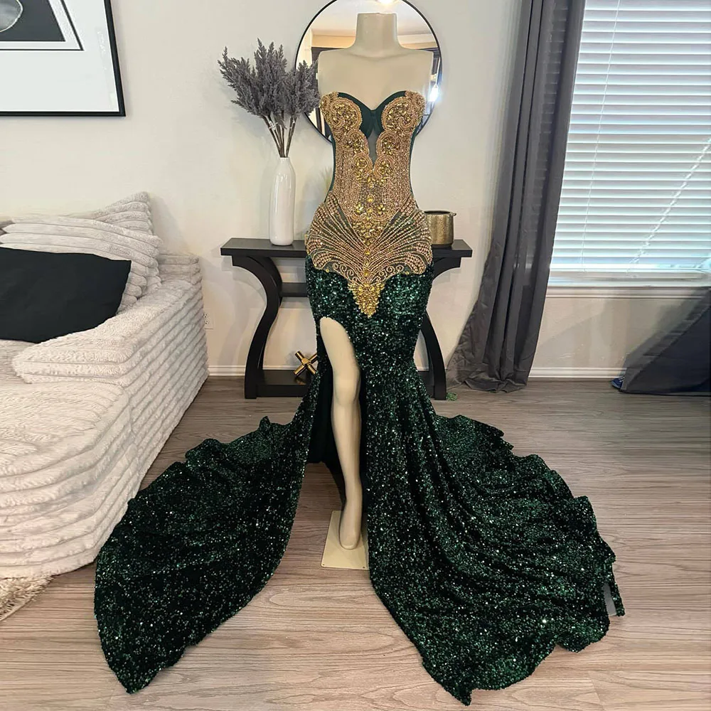 Glitter Green Mermaid Prom Dresses 2025 Slit Sparkly Diamonds Gems Birthday Party Dress Robe Customized