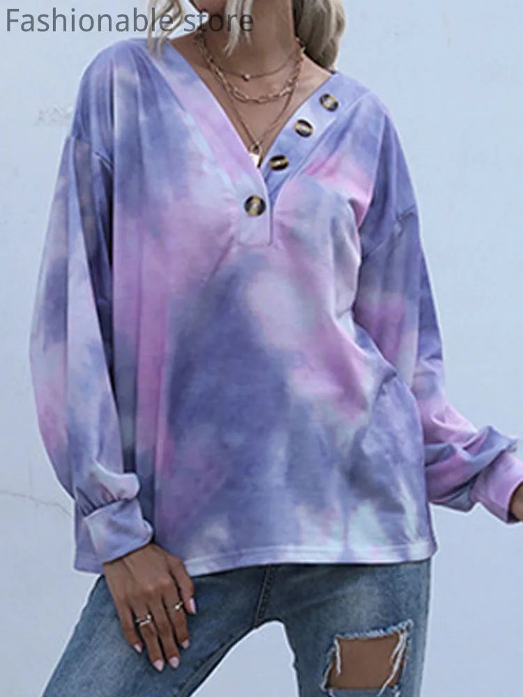 

Women Tie Dye V-Neck Long Sleeve Casual Pullovers