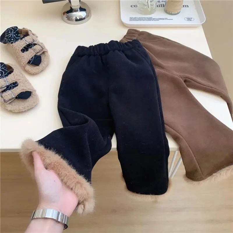 

Girls Autumn Winter Pants Corduroy Children's Flared Pants Elastic Waist Trousers Thickened Warm Baby's Casual Fleece Trousers