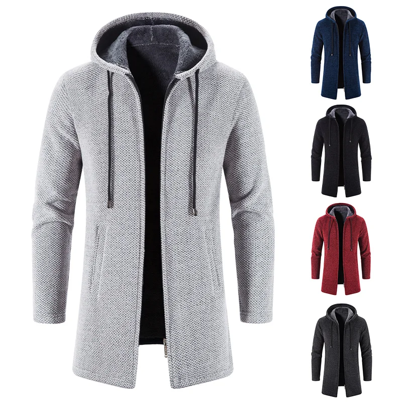 

New Men's Autumn/winter Long Coat Grab Cashmere Sweater Thick Warm Hooded Jumper Cardigan Fashion Solid Color Jacket