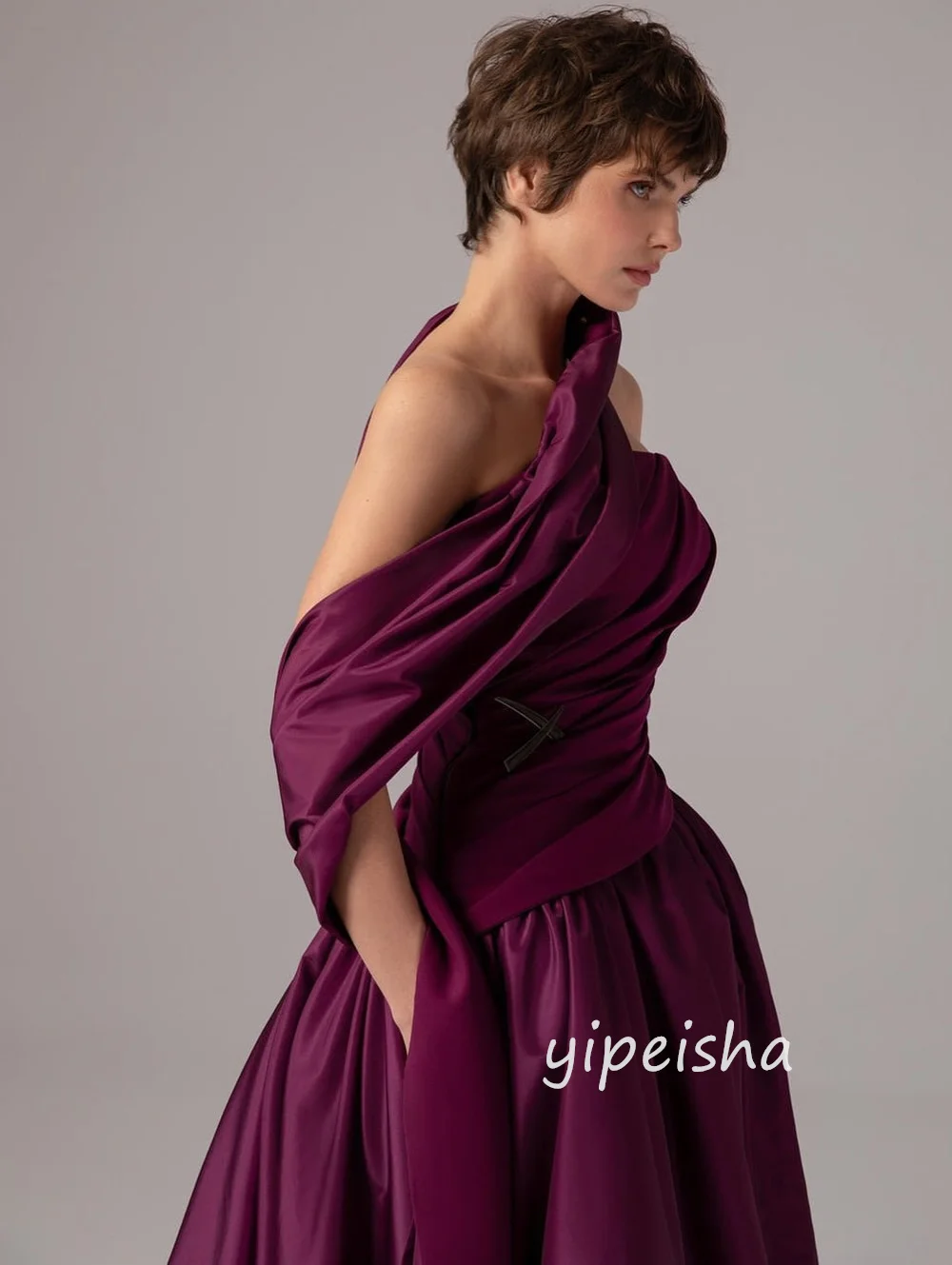 Maßgeschneiderte Retro-passende Jersey-Falten, gerüscht, drapiert, Schal, A-Linie, trägerlos, lange Kleider, Abendkleider, exquisiter Klassiker