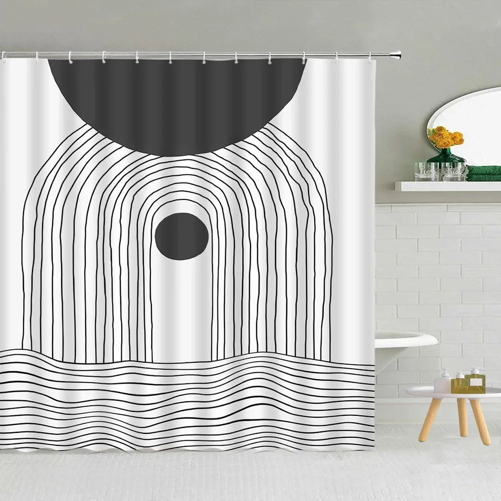 Black and White Shower Curtain, Abstract Mid-Century Modern Minimalist Geometric Line Art Aesthetic Vintage Bathroom Decoration