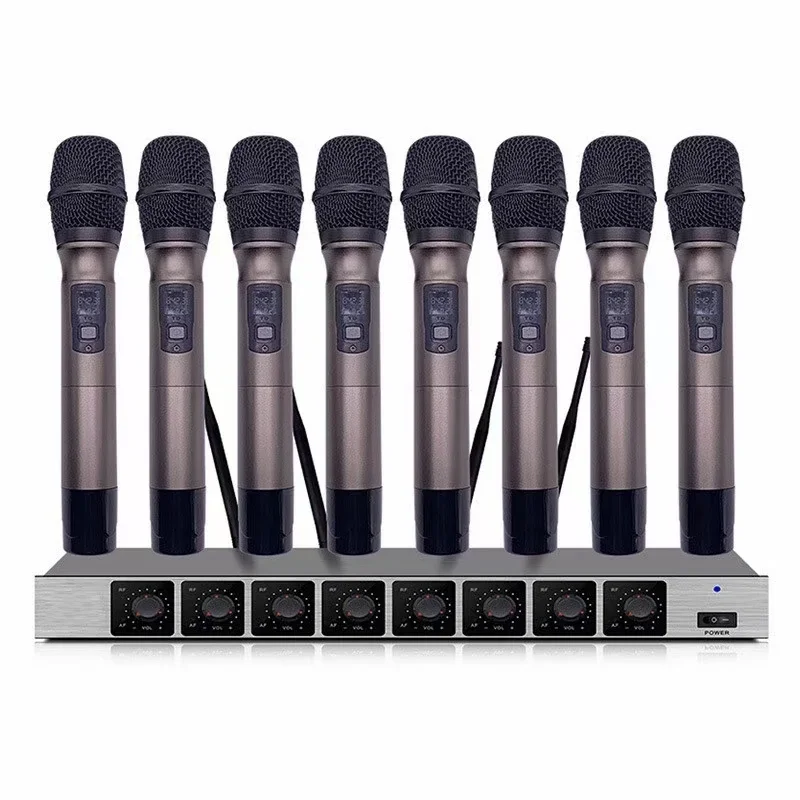 전문가용 8채널 UHF 무선 마이크 시스템 (핸드헬드 마이크 4개, 헤드셋 다이나믹 마이크 포함)