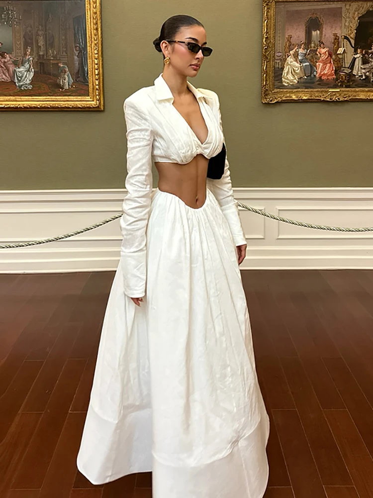 Женские белые юбки, комплект из двух предметов, сексуальный топ с v-образным вырезом и длинными рукавами + длинные юбки трапециевидной формы, костюмы для вечеринок, вечерние коктейльные комплекты