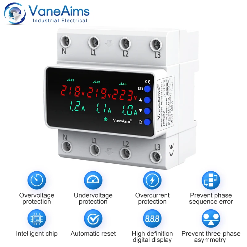 

VaneAims 3-фазная DIN-рейка Защита от пониженного напряжения 63A/100A Регулируемая защита от перегрузки по току Реле защиты от перегрузки по току AC380V