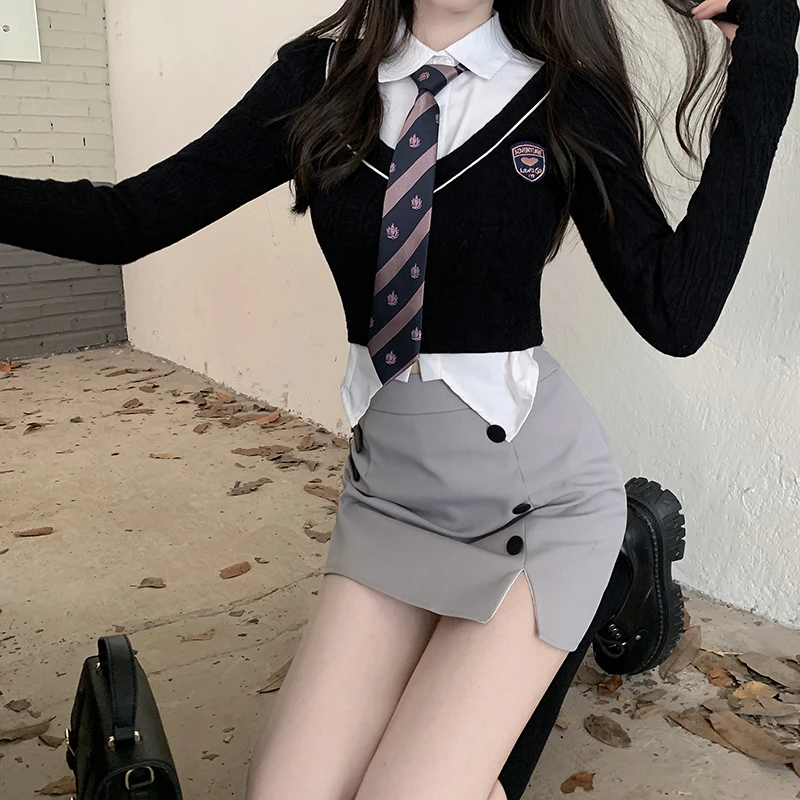 Conjunto de tres piezas de uniforme coreano, manga corta abullonada, camisas delgadas de cintura colectora, blusa, falda de cadera, uniforme escolar JK para estudiantes