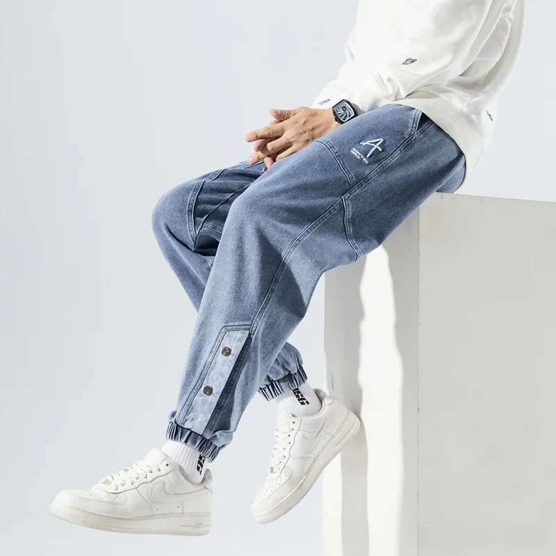 

Spring Autumn Men's Loose Casual Faion Jeans Stitching Five-Quarter Length Durable Comfortable Fit Men's Denim Trousers
