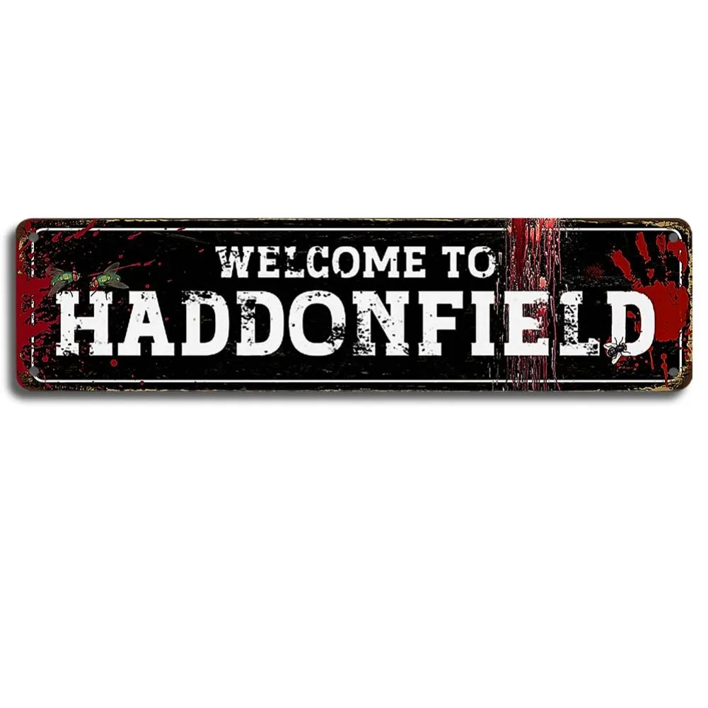 Halloween Vintage Horrorfilm Metallblechschild 1 Stück 4x16 Zoll – „Welcome to Haddonfield“ Scream Poster, perfekte Dekoration für Schlafzimmer