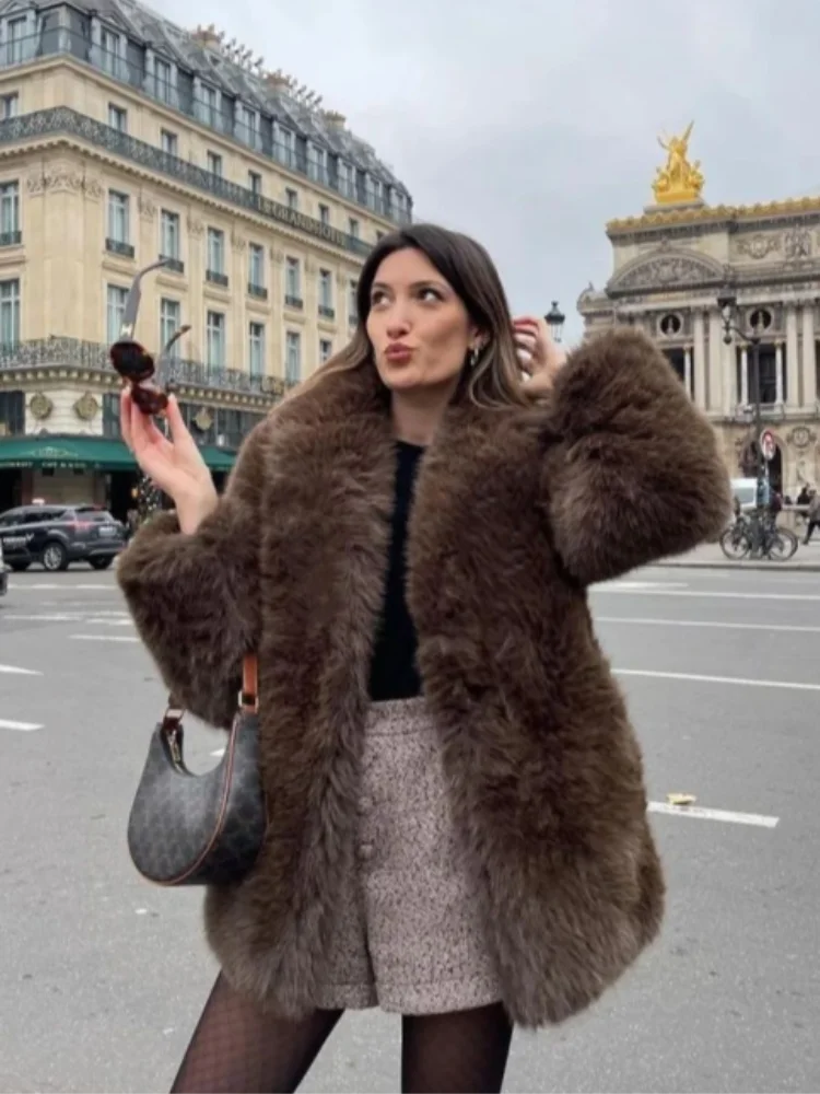 여성용 캐주얼 인조 모피 가디건, 턴다운 칼라, 긴 소매, 따뜻한 루즈 재킷, 2024 가을, 겨울, 레이디 솔리드 스트리트웨어, 패션