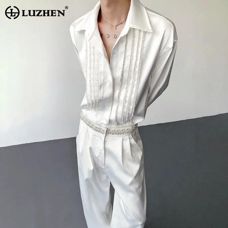 

LUZHEN, качественные темпераментные 2022, элегантные новые полосатые рубашки с жемчугом и высоким лоскутным рукавом, мужские однотонные повседневные топы JY5562