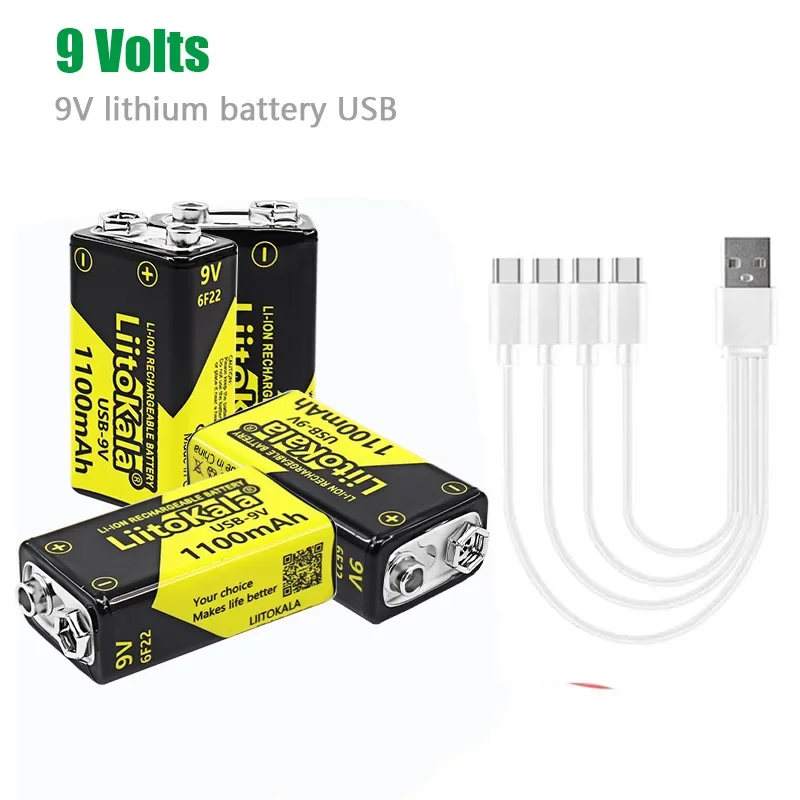 (USB-9V*32+cable*8)LiitoKala 9V Type-C USB Lithium Batteries for Multimeter Microphone Toy Remote Control KTV Li-ion Battery