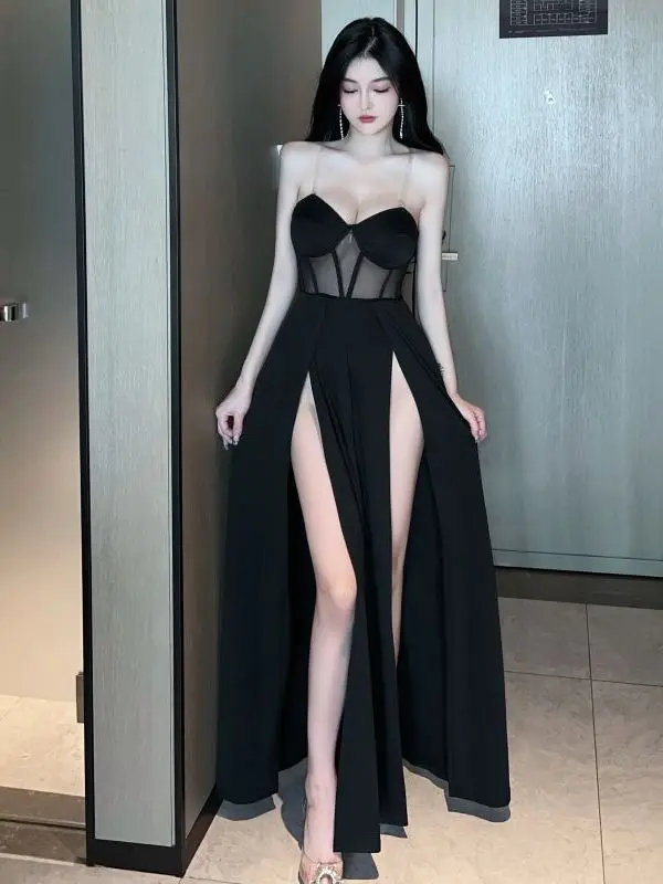 2023 Summer Women's New Sexy temperament Off Shoulder Chest wrapping Fashion Gauze Transparent Split Long ceremonial dress NDR0