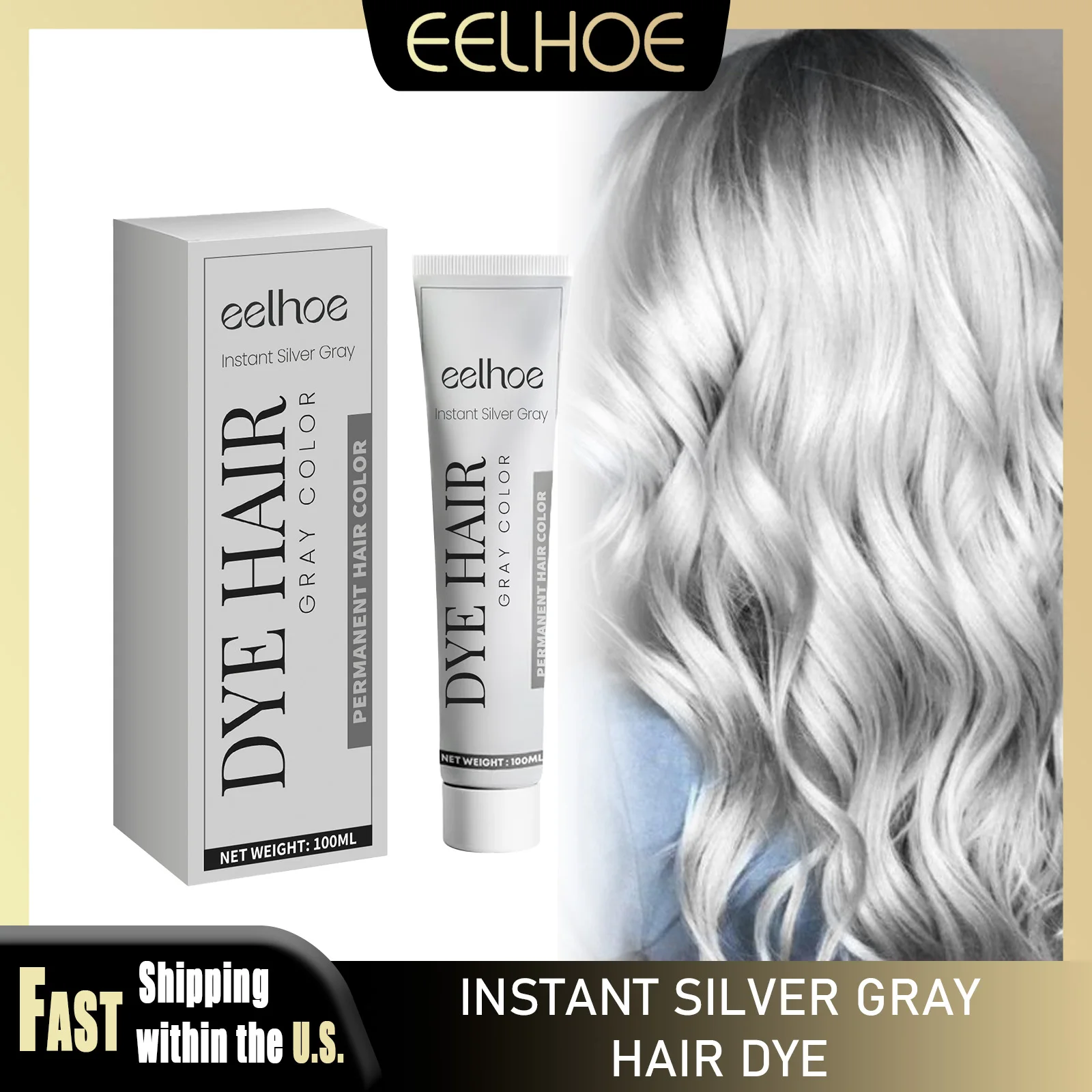 

EELHOE 100ml Sliver Gray Hair Dye Cream Plant Essence High-efficiency Hair Dye Gentle Moisturizing Cover Shampoo For Men Women
