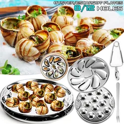 Stainless Steel Escargot Plates with 12 Compartment Holes with Escargot Tong Fork 8 Slots Oyster Grill Pan with Center Slot