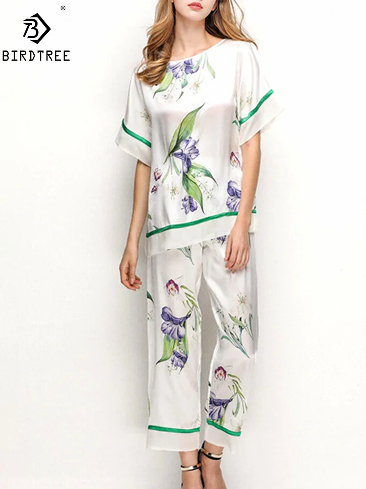 

BirdTree, 16MM 100%Real Silk Pajama Set, Women Short Sleeve Top Pants, Flower Comfortable Homewear, 2024 Summer Fall S550144QM