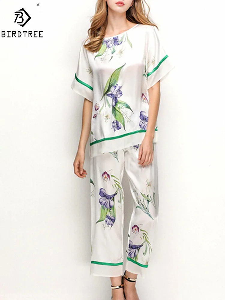 BirdTree, 16MM 100%Real Silk Pajama Set, Women Short Sleeve Top Pants, Flower Comfortable Homewear, 2024 Summer Fall S550144QM