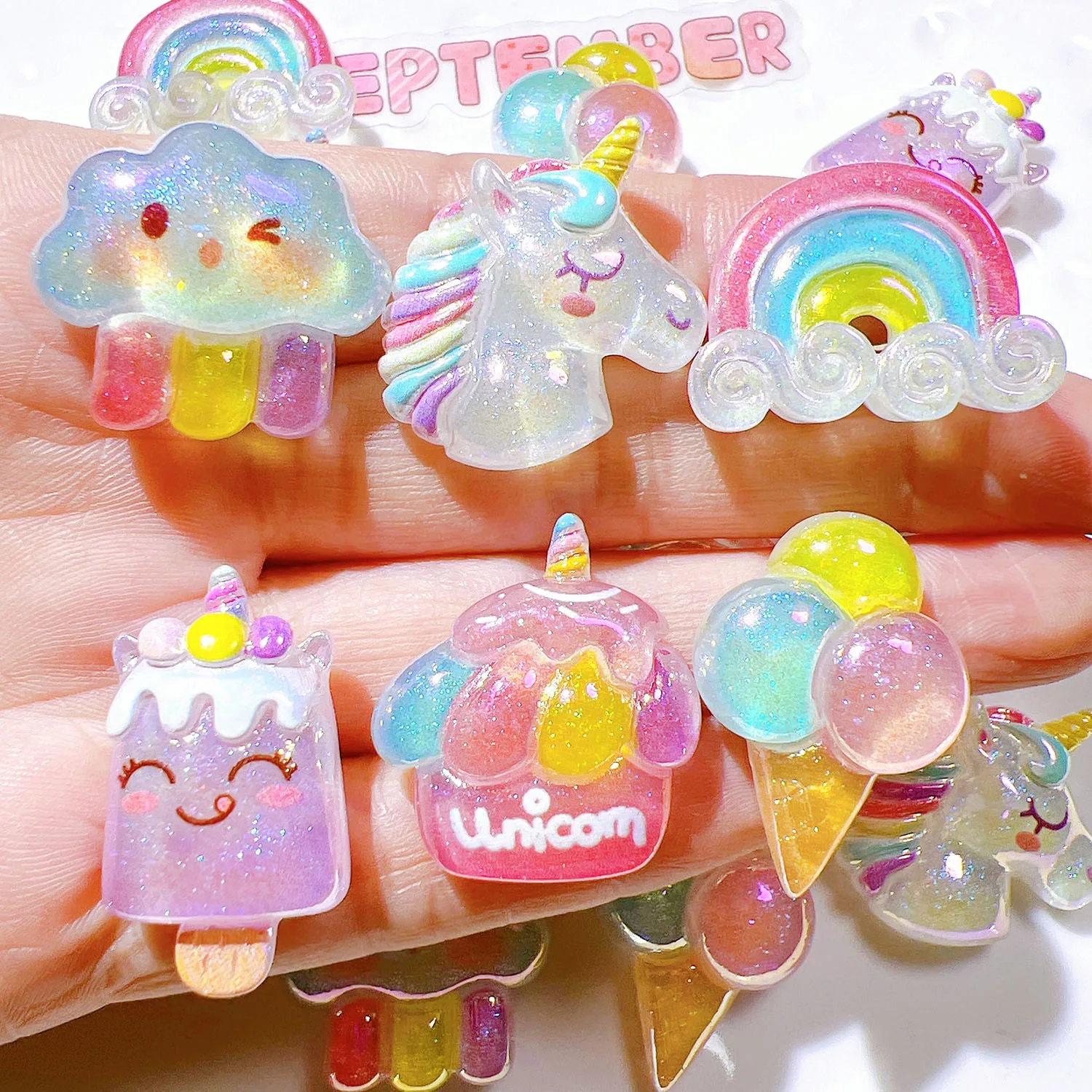 10Pcs Cute Unicorn, Rainbow, Ice Cream Series Flat Back Resin Cabochons Scrapbooking DIY Jewelry Craft Decoration Accessorie