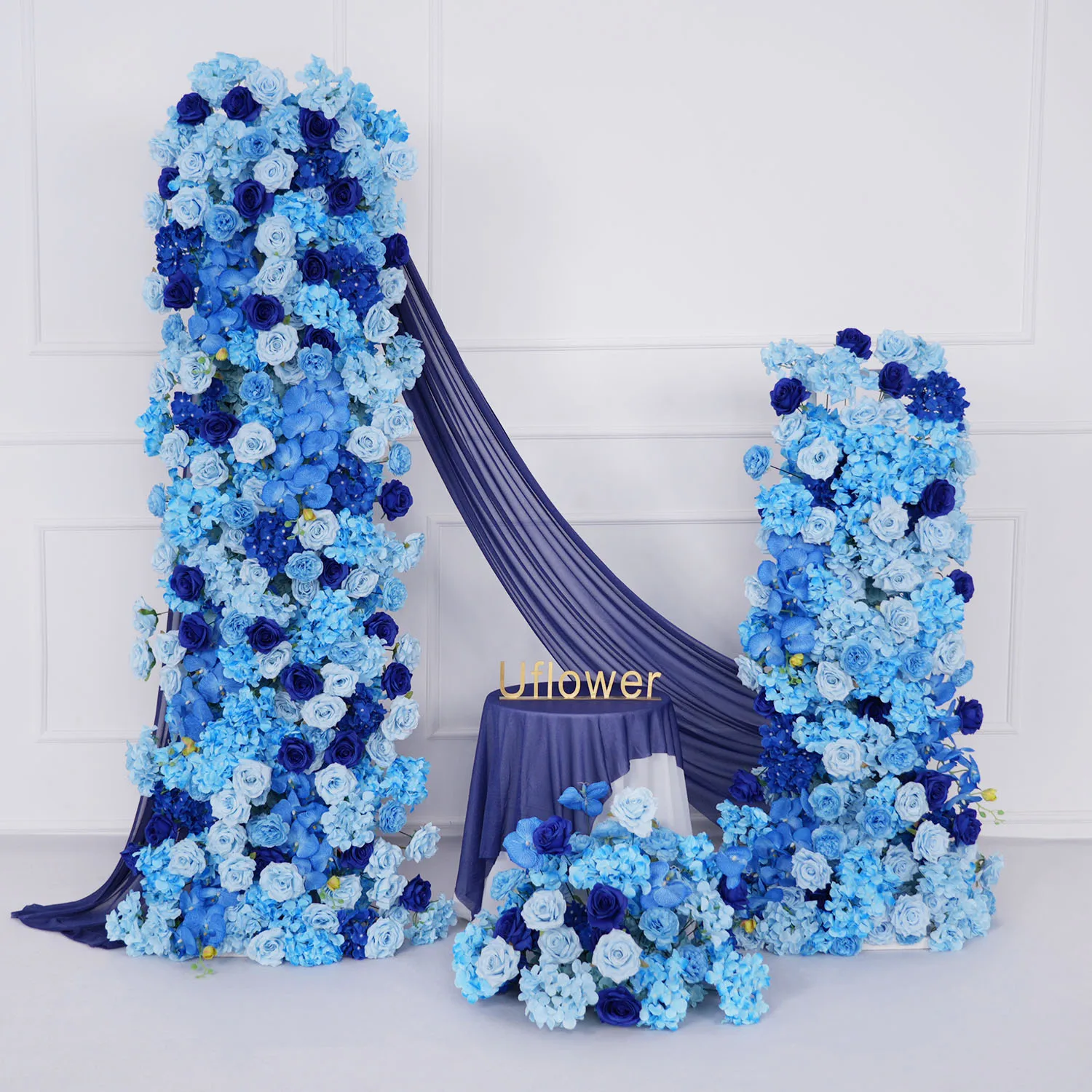 

Uflower Royal Blue Wedding Backdrop Floral Arrangement Rose Hydrangea Orchid Floor Flower Ball Horn Arch Wedding Decoration