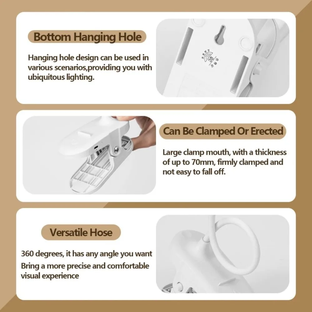 

3-цветный светодиодный зажим, настольная лампа, гибкая защита глаз, светодиодные зажимы для книг, 360° ° Поворотная энергоэффективная лампа для чтения с зажимом